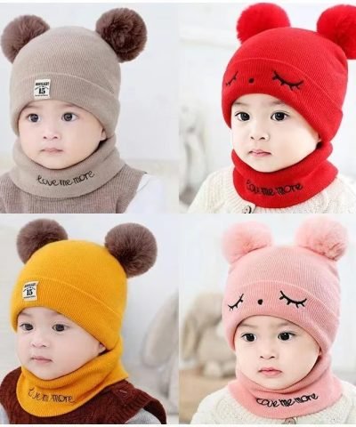 Baby Hat Scarf Set Embroidery Double pompom kid knitted Autumn Winter Neck Gaiter
