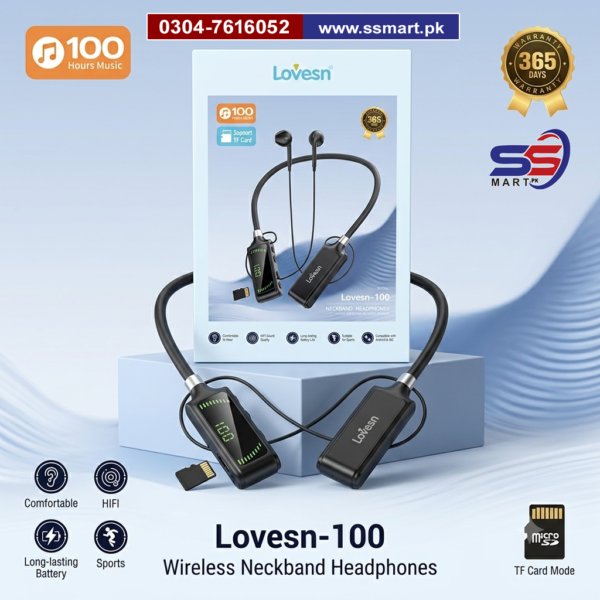 Lovesn-100 Bluetooth 5.4 Wireless Neckband Earphones with Digital Display | 100 Hours Battery, SD Card Support & HiFi Sound